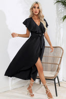 Robe midi nouée à volants et col en V