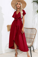 Robe midi nouée à volants et col en V
