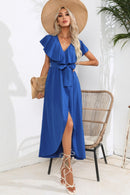 Robe midi nouée à volants et col en V