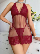 Floral Lace Halter Babydoll Lingerie Dress With Thong