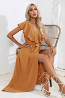 Robe midi nouée à volants et col en V