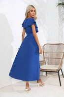 Robe midi nouée à volants et col en V