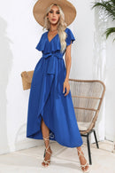 Robe midi nouée à volants et col en V