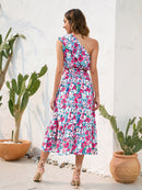 Vestido midi de un hombro con estampado de volantes