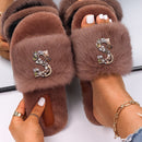 Chanclas con letras y diamantes de imitación de piel sintética para mujer