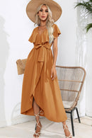 Robe midi nouée à volants et col en V