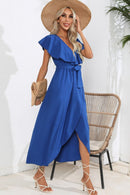 Robe midi nouée à volants et col en V