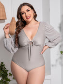 Maillot de Bain Une-Pièce à Manches Ballon en V Profond Noué de Grande Taille