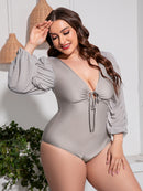 Maillot de Bain Une-Pièce à Manches Ballon en V Profond Noué de Grande Taille