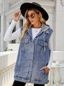 Haut en denim sans manches à capuche avec cordon de serrage et poches