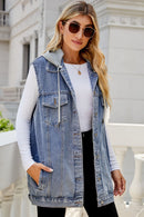 Haut en denim sans manches à capuche avec cordon de serrage et poches