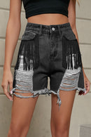 Short en denim usé avec franges et poches