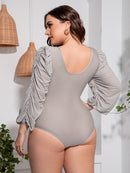 Maillot de Bain Une-Pièce à Manches Ballon en V Profond Noué de Grande Taille