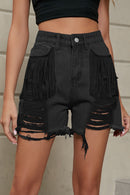 Short en denim usé avec franges et poches