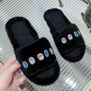 Pantuflas peludas para mujer con detalles de piedras preciosas de estrás