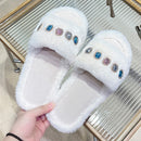 Pantuflas peludas para mujer con detalles de piedras preciosas de estrás