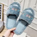 Pantuflas peludas para mujer con detalles de piedras preciosas de estrás