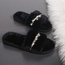Pantuflas peludas informales para mujer con detalle de pedrería