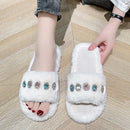 Pantuflas peludas para mujer con detalles de piedras preciosas de estrás