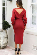 Vestido estilo suéter con abertura en la cintura con lazo y cuello sobrepelliz