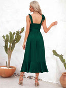 Robe mi-longue à bretelles nouées et encolure carrée