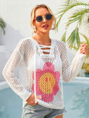 Cache-maillot à capuche ajouré fleuri à lacets