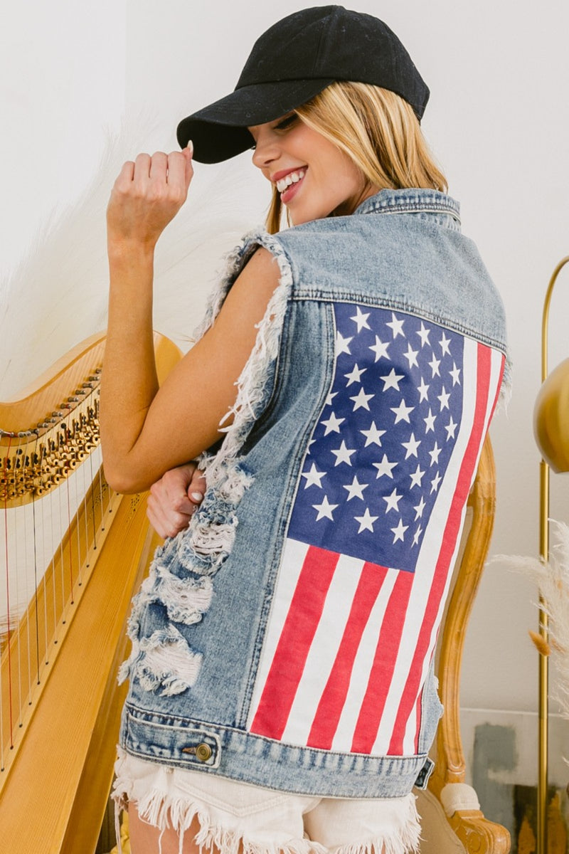 BiBi - Veste en jean sans manches avec ourlet brut et drapeau américain