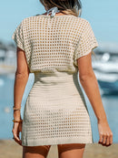 Cache-maillot ajouré à manches courtes et col en V