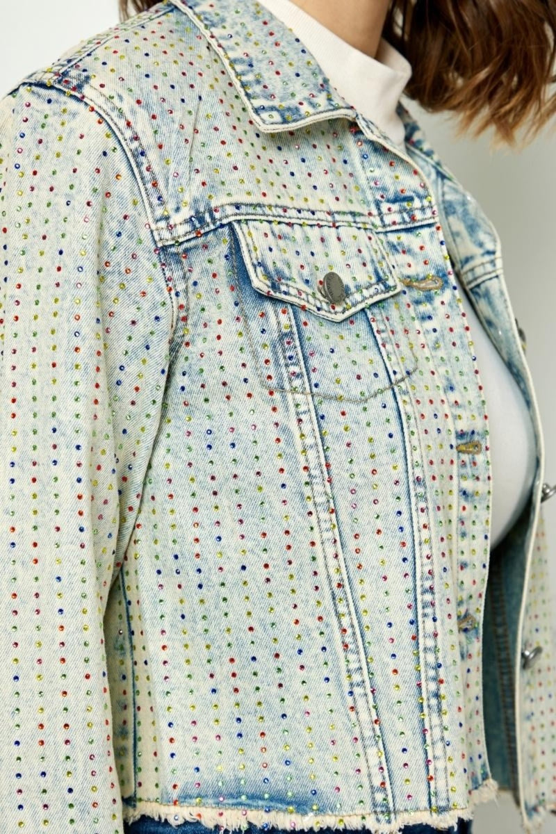Veveret Veste en jean à ourlet brut à rayures multicolores et strass