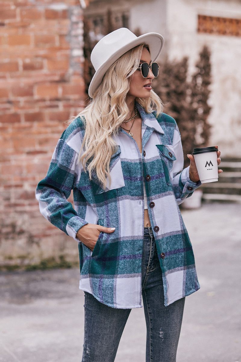 Mandy Plaid Long Sleeve Shirt Jacket with Pockets