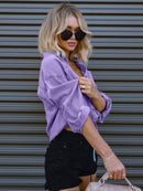 Drawstring Pocketed Button Up Denim Top