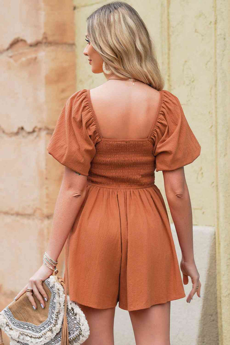 Square Neck Pleated Romper with Pockets