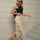 Jupe mi-longue en jean fendue froncée à cordon de serrage