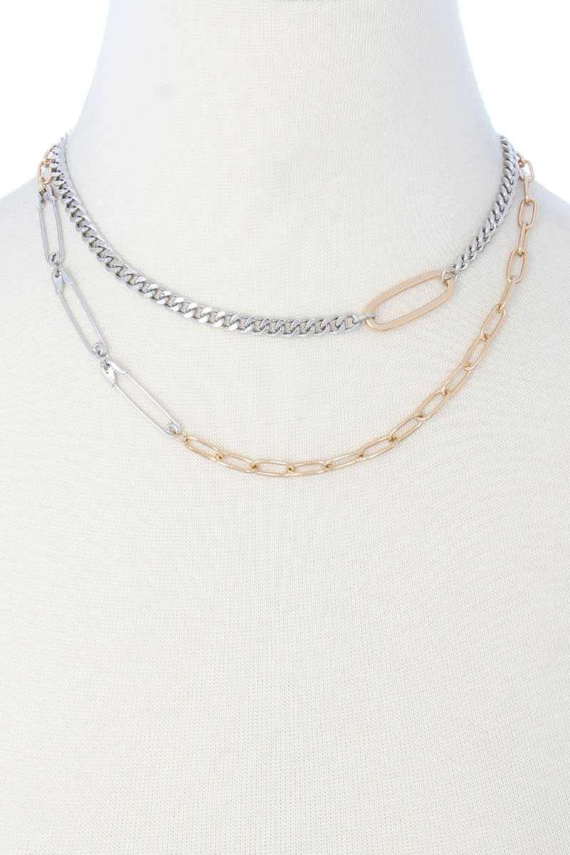 2 Layered Metal Clothing Pin Chain Multi Necklace - AM APPAREL