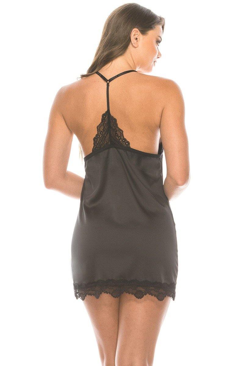 2 Piece Satin Lace Trimmed Slip Set With Matching Thong - AM APPAREL