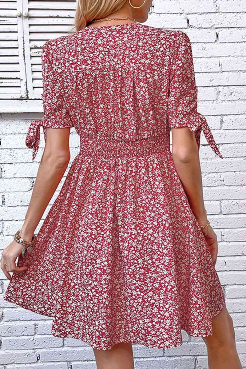 Ditsy Floral Tied Puff Sleeve Button Front Dress