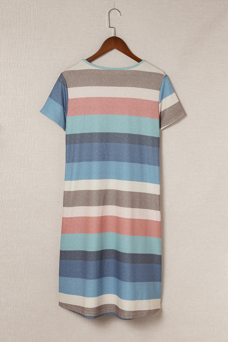 Striped Round Neck Tee Dress with Pockets