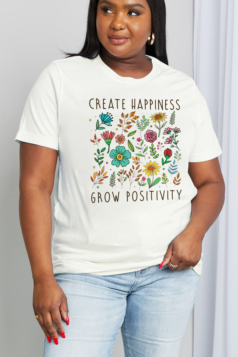 Camiseta de algodón con estampado de CREATE HAPPINESS GROW POSITIVITY de tamaño completo de Simply Love