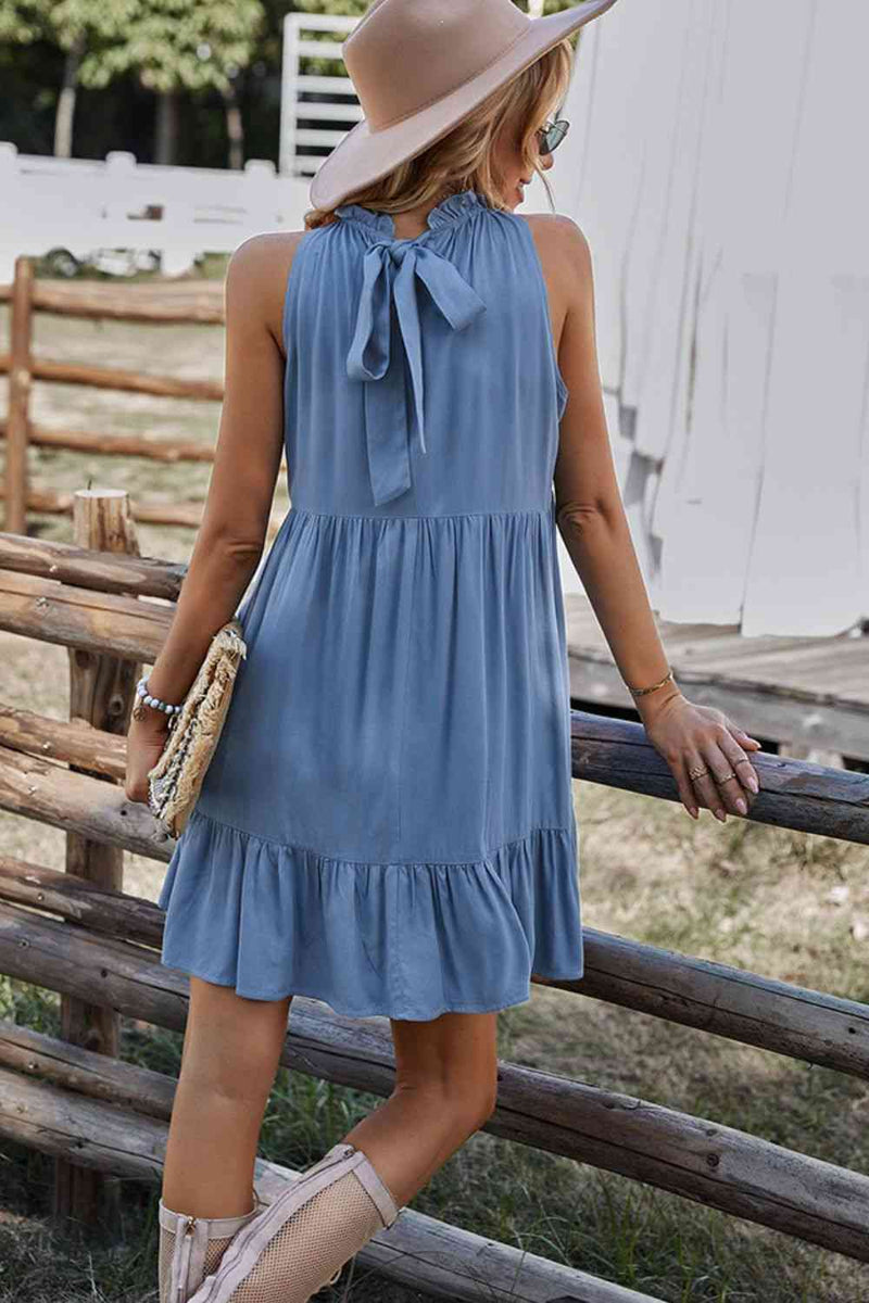 Sleeveless Frill Neck Tiered Dress