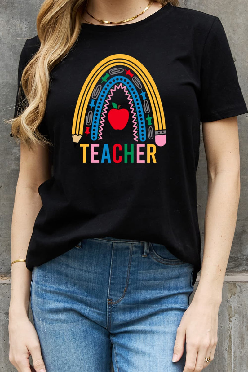 Camiseta de algodón con gráfico de arco iris TEACHER de tamaño completo de Simply Love