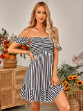 Striped Smocked Ruffle-Shoulder Sleeveless Dress