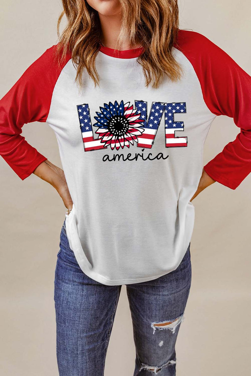 T-shirt graphique LOVE AMERICA à manches raglan et col rond