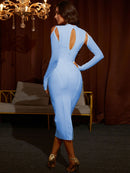 Robe moulante à épaules dénudées et manches en maille fendue dans le dos