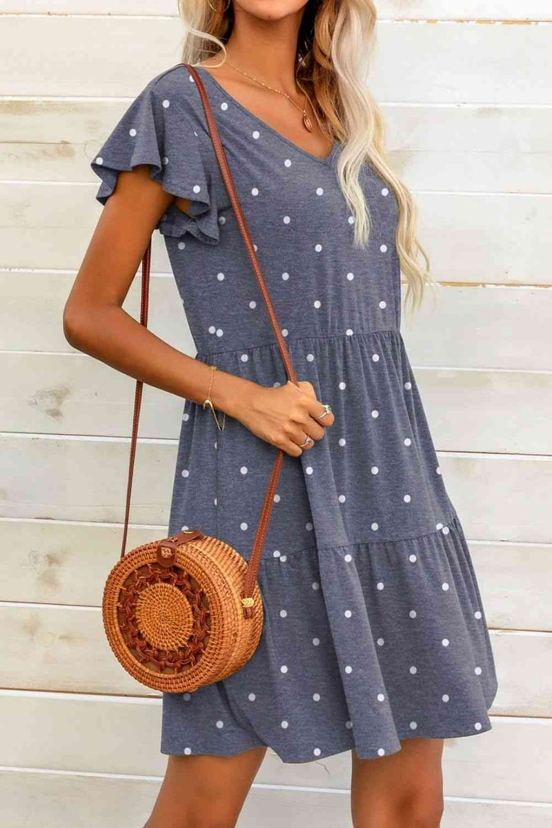 Polka Dot V-Neck Flutter Sleeve Mini Dress