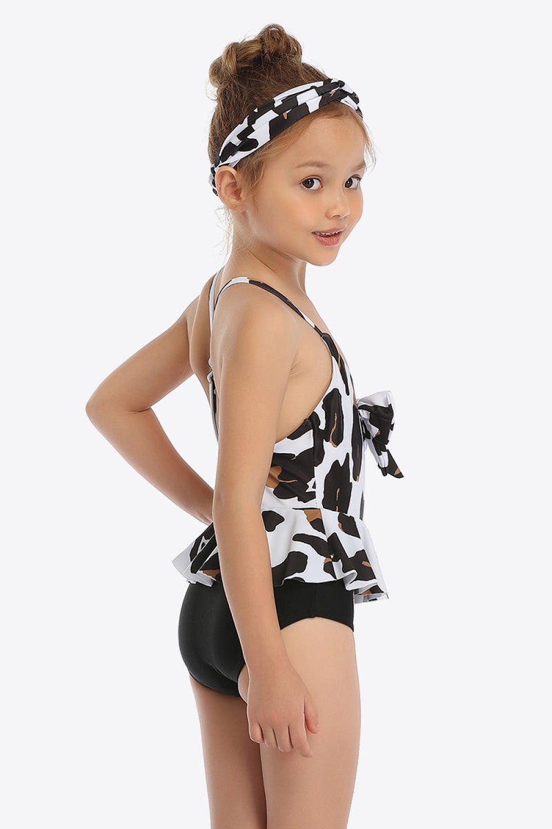 Printed Bow Detail Ruffled One-Piece Swimsuit