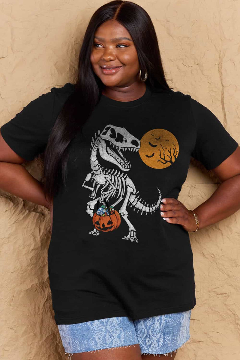 Camiseta de algodón con estampado de esqueleto de dinosaurio de tamaño completo de Simply Love