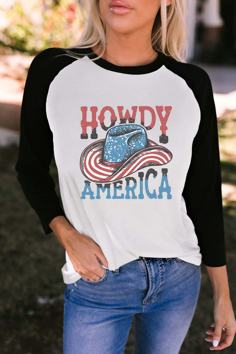 Camiseta con gráfico HOWDY AMERICA, cuello redondo y manga raglán