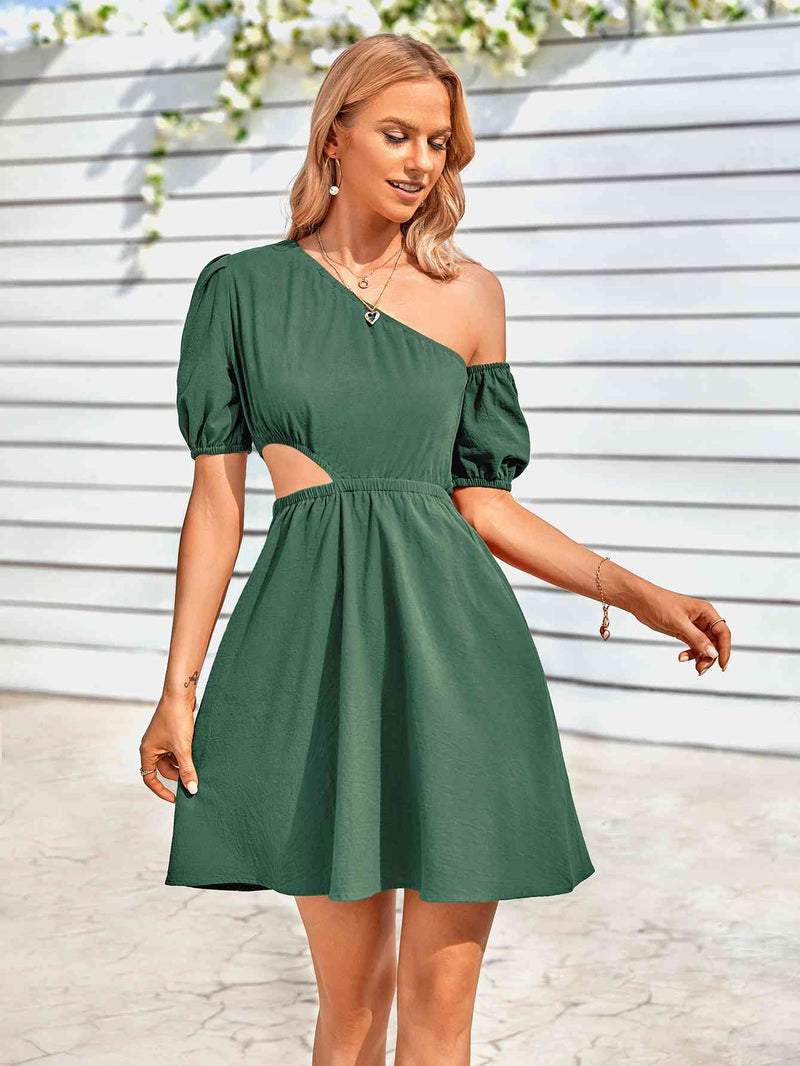 Cutout Asymmetrical Neck Puff Sleeve Dress