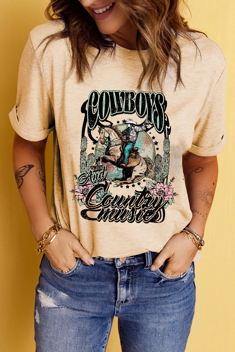T-shirt graphique cowboy à manches courtes et col rond