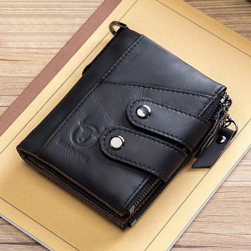 BULLCAPTAIN Genuine Leather Zipper Wallet W/Chain